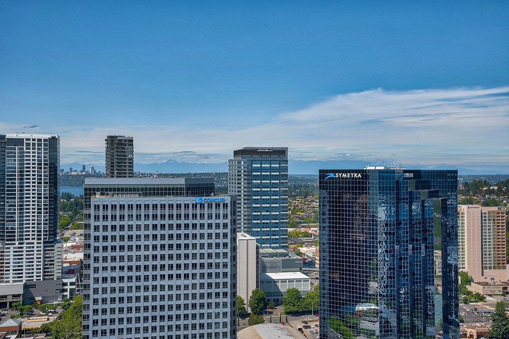 Skyline, mountain, and water views from penthouse Skyline, mountain, and water views from penthouse at The Bravern, Bellevue, WA
